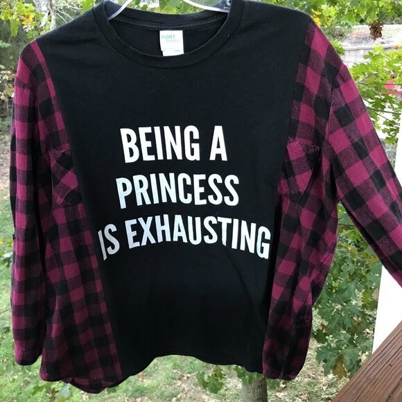 Reworked Flannel Tee, Size M-L: Upcycled Oversized Princess Graphic Pullover - Picture 7 of 11